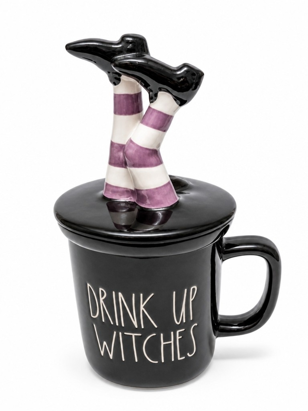 Rae Dunn Drink Up Witches Halloween Mug Witches Legs Lid Black Purple - Picture 3 of 10